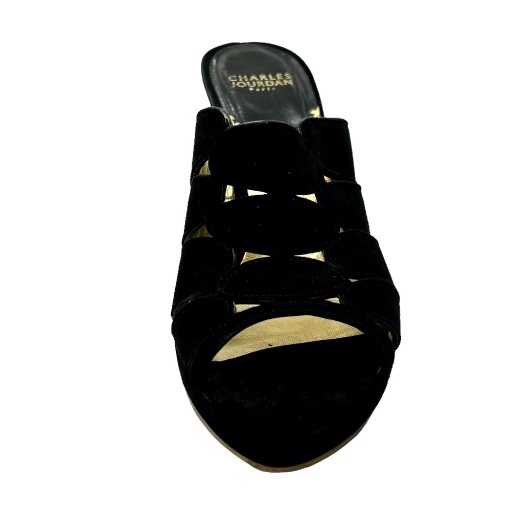 CHARLES JOURDAN PARIS BLACK SUEDE & GOLD METAL WEDGES SIZE 8.5M - Picture 6 of 15